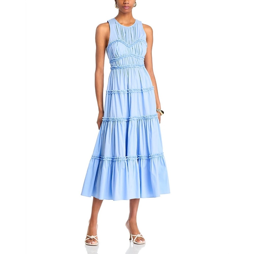 Cinq a Sept Blue Ruffled Tiered Midi Dress Sleeveless Smocked Bodice Size 2 NWT